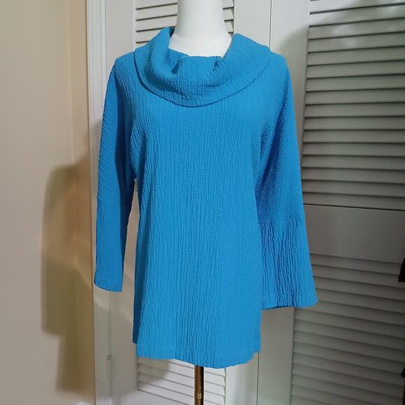 Ali Miles Medium Aqua Raglan-Long-Sleeved Crinkle Fabric Cowl-Neck Slit-Hem Top - Picture 3 of 11